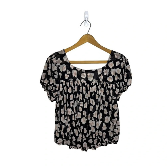 FREE PEOPLE Meg’s All Over Leopard Camo Print Scoop Neck Bubble Hem Blouse - Picture 6 of 11